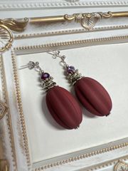 ボルドー 楕円 ビーズピアス シルバー