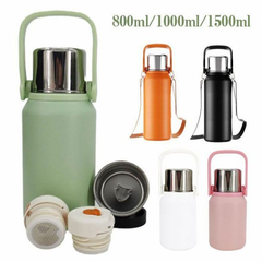 水筒 大容量 800ml 1L 1.5L 保温 保冷 マグボトル コップ付き キッズ 大人 真空断熱 ボトル 魔法瓶 軽い 持ち手 ストラップ 付き 茶こし付き 軽量 おしゃれ 真空ボトル ステンレス U8eF492