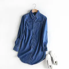 ☆ ダークブルー ☆ XXL ☆ シャツ ワンピース レディース デニム 体形カバー デニム シャツ レディース デニムシャツ カジュアルシャツ シャツワンピース ロングシャツ ブラウス ロング ロング丈 長袖 ゆったり 体型カバー 無地 春 秋 通勤 通学