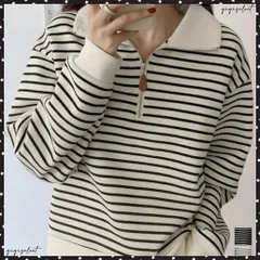 ハーフジップニットポロ ボーダートップス レディース ポロ襟ニットトップス 長袖 ニットトレーナー スウェットライク ニットプルオーバー ベーシックニット 着回し 体型カバー服着やせ ドロップショルダー 大人可愛い服お洒落