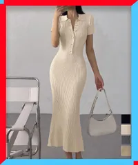 新品 ポロニットワンピース レディース 半袖 ロングワンピ 細身 大人 着回し 夏服 着やせ おしゃれ 【送料無料】