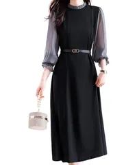 [Elixio] [エリクシオ] フォーマルワンピース ワンピース Aライン ドレス ミモレ丈スカート シースルー ベルト付き 切替え 着やせ ブラック 黒 夏 (JP, アルファベット, M, ブラック) [ブラック] [M]