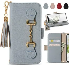iPhone11Pro　手帳型　財布型　ケース　カバー　ブルーグレイジュ　タッセル
