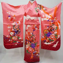七歳 7歳 7才 七才 女児 着物と長襦袢セット 仕立て上がり サーモンピンク 鼓 刺繍入り半襟縫い付け済み NO41235