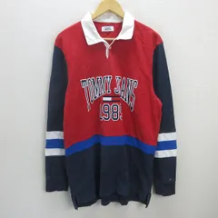 D■トミー/TOMMY JEANS ロゴ刺繍 長袖ラガーシャツ【L】赤 紺/MENS/103【中古】■