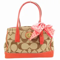 コーチ COACH 11557 ハンプトンズミディアムシグネチャー ハンドバッグ トート 肩掛け ターンロック リボン キャンバス レザー ベージュ オレンジ /GV