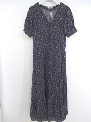 ◇ continuer de NICE CLAUP 花柄 半袖 膝下丈 ガウン ワンピース ネイビー マルチ レディース P  【中古】 【1210180007563】