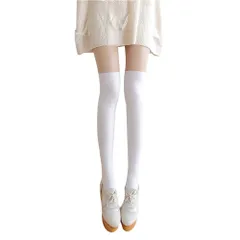 フェイクニーハイストッキング ハイソックス 美脚 フェイクニーハイ ニーハイ フェイクニーハイ柄 ロングニーハイ柄タイツ パンスト 肌色 ニーハイ風タイツ ロング レディースタイツ ニーハイソックス ロング 女性用 フリーサイズ　上ベージュ下白 ホワイト 無地