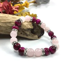 ローズクォーツ&ピンクタイガーアイ パワーストーン ブレスレット 天然石 8mm（シルバー）レディース 女性  数珠ブレス 開運 プレゼント ギフト  [d]