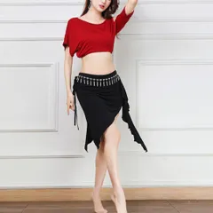 \アシンメトリーデザインで肩ラインきれい見え♡/ ベリーダンス 衣装 レッスン着 練習着 レディース 上下セット セットアップ トップス＆ヒップスカーフ 赤 黒 未使用 ラテンダンス  ダンスウェア