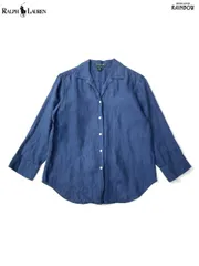 古着 LAUREN RALPH LAUREN ラルフローレン ワンポイント刺繍 無地 リネン100％ 長袖 シャツ 紺 (ttu2503020)