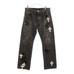 CHROME HEARTS (クロムハーツ) JEAN SL FLEURKNEE クロスパッチ付きフレアニーステッチデニムパンツ ブラック