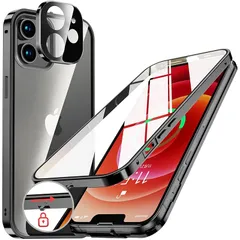 NIANGUO【ロック機能付き・自動ポップアップボタン】 iPhone12 用 ケース クリア 【両面強化ガラス】 9H硬度 【一体型レンズ保護】 アイフォン12 カバー アルミバンパーケース メタルフレーム 耐衝撃 傷防止 高感度タッチ 薄型 軽量 ワイ 0