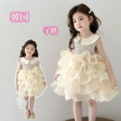 女の子 サマードレス パフスカート リボン付き 涼しい 90-110cm 保育園 おしゃれ 誕生日 記念日 お出かけ 