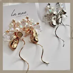 【304ステンレス ポスト 24KGP 本金メッキ】 天然石 クォーツ クリスタル オーロラ ビーズ ゴールド シルバー メタル ジャラジャラ ワイヤー ボリューミー ハンドメイドピアス アレルギー対応 【イヤリング変更可能】