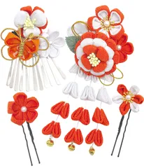 [Jzoon] 髪飾り 蝶 4点セット 成人式 七五三 卒業式 結婚式 浴衣 袴 振袖 和装 手作り つまみ細工 花 鈴付き オレンジ H2114