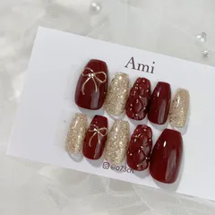 ネイルチップ＊ボルドー 赤 レッド ゴールド キルティング リボン クリスマス バレンタイン
