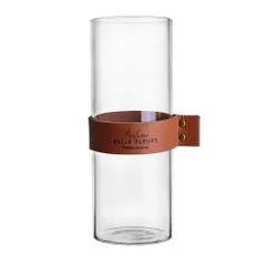 花瓶 ガラス花瓶大きい花瓶 23CM１個入り FukukaRシンプル花瓶レザーベルト付きフラワーベース ストレート ガラス 筒型 円柱 花びん ガラスボトル （ブラウン）