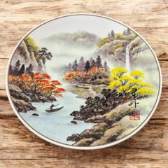 某有名骨董市買入 トップアート 絵皿四季歳時記12撰 石田雪外作 秋 古民家 芸術 美術品 絵画 飾り皿