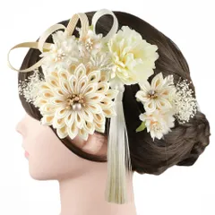 髪飾り 成人式 振袖 2点セット 花 白 クリーム色 オフホワイト 黄色 薄ピンク ベージュ つまみ細工 剣つまみ 房 房付き 造花 No.9-5328