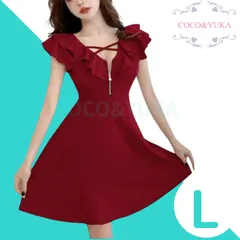 [ COCO&YUKA公式 ] ココアンドユカ フリル セクシー ハーフ ジップ ミニ フレア ワンピース キャバ 嬢 ドレス オフショルダー 半袖 タイト Aライン 胸 クロス チャック ミニワンピ レッド L B0CX1G2D2V