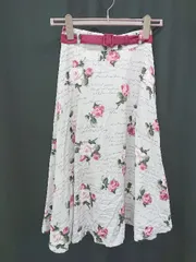 ◇ Θ ◎ an another angelus 花柄 英字 膝下丈 フレア スカート サイズF グレー パープル グリーン系 レディース E  【1506250001846】