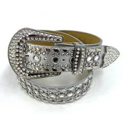 送料無料 難ありアウトレット/サンプル品 スタッズ＆ラインストーン 牛革 ウエスタンベルト/シルバー ユニセックス レディース メンズ 男女兼用 長さ調節可能 パシャ売り S-S