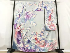 レトロ 孔雀の羽模様 水色 豪華 銀彩 袷 正絹 成人式 振袖 着物 レトロ 孔雀の羽模様 水色 豪華 銀彩 袷 正絹 成人式 振袖 着物