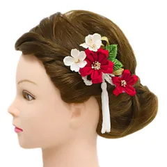 髪飾り 成人式 つまみ細工 赤 振袖 前撮り 袴 花 2点セット 白 黒 ゴールド ちりめん 房 房付き 組紐 かんざし U型 小さい お No.9-5087