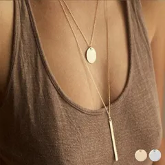 ネックレス レディース 二連 ショート ロング チェーン メッキ プレート サークル バー アクセサリー かっこいい おしゃれ クール ゴールド シルバー 韓国