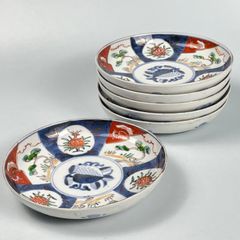 795 錦手　柘榴　松　古伊万里　伊万里焼　骨董　アンティーク　中皿　6寸皿　6客セット