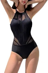 ISLAYCAOLILA アイラカリラ シースルー ワンピース 水着 ホルターネック クロス 紐 単色 ワイヤー なし ビーチウエア スイムウエア レディース( ブラック,  M)