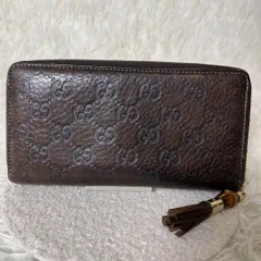 GUCCI　GG柄　シマ　レザー　ラウンドファスナー　バンブー　タッセル