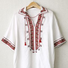 刺繍 ブラウス チロリアン スキッパー 半袖 シャツ リネン ホワイト 白 ヴィンテージ 古着 【UR-0733】
