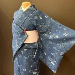 着物　小紋　袷　藍染小紋　正絹　美品　ちりめん