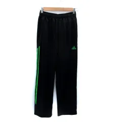 アディダス adidas スポーツウェア ジャージ ストレートパンツ ロング丈 スリーストライプ ロゴ刺繍 S 黒 ブラック 緑 グリーン /SM15