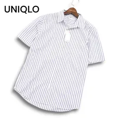 【新品 未使用】 UNIQLO ユニクロ 春夏 EFCブロード★ 半袖 ストライプ シャツ Sz.M　メンズ ネイビー × 白