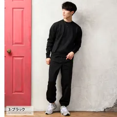上下セット スウェット メンズ セットアップ 裏起毛 無地 クルーネック ルームウェア 部屋着 寝巻き 収納袋付き パジャマ 男女兼用 トレーナー トップス ズボン 春 秋 冬 set22 3-ブラック