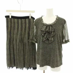 レリアン Leilian オリジナル ORIGINAL セットアップ 上下 ブラウス カットソー 半袖 フリル スカート ひざ丈 プリーツ フレア スクエアドット柄 総柄 大きいサイズ 13+ アイボリー 黒 ブラック /YT ■MU