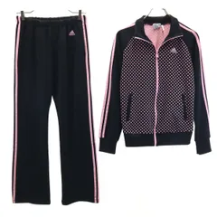 adidas アディダス ドット柄 トレーニング ジャージジャケット 上下 セットアップ M 黒×ピンク 3ライン レディース 古着