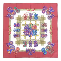 【本物保証】 超美品 エルメス HERMES カレ90 馬のリボン飾り LES RUBANS DU CHEVAL スカーフ シルク レッド系