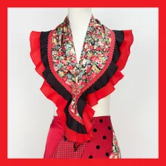 小花柄×赤黒フリルピキージョ(cr-135)／フラメンコ・ダンス・ベリーダンス・舞台衣装小物・ピキージョ・シージョ・ヒップスカーフ