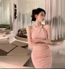 ウエストロック 骨盤 パール ネックレス チョーカー ホルターネック ミディ ワンピース スリット セクシー パーティー 高級感