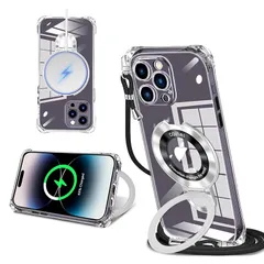 iPhone 14 Pro Max 用 ケース クリア MagSafe対応 リング付き ネック ショルダー アイフォン14プロマックス 縄掛けケース 透明 肩掛け 斜めかけ 韓国 可愛い 縄掛け カバー 丸型スタンド付き マグネット搭載 縦横両対応 耐衝撃 0