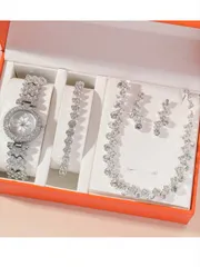 腕時計 レディース セット 4点セット ウィメンズシルバーダイヤル 一輪の花 クォーツ腕時計 箱なしでの日常使いに適しています