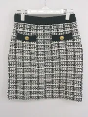 ◇ Heather ヘザー チェック 金ボタン ミニ 台形 ニット スカート サイズF ホワイト ブラック系 レディース P  【1302200010124】