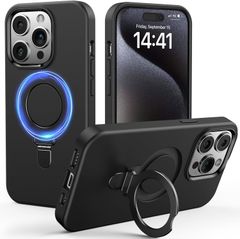 【訳あり・未使用品】iPhone15ProMax 用 耐衝撃 ケース マット調 ブラック【MagSafe対応】360度回転スタンド 米軍MIL規格
