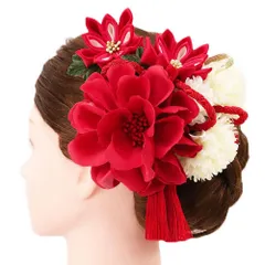 髪飾り 成人式 つまみ細工 赤 振袖 前撮り 袴 浴衣 夏祭り 花火大会 豪華2点セット 白 紅白 房付き 組紐 和柄 ヘアアクセ かん No.9-4045