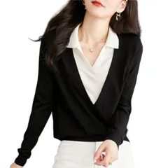 【数量限定】ファッション 長袖 トップス バイカラー カットソー ゆったり オシャレ アウター 秋 プルオーバー 冬 Vネッ 体型カバー 切り替え 無地 レディース 着痩せ セーター 可愛い ニット 通勤 [7-livehouse]