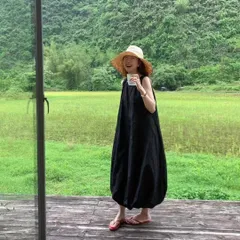 ノースリーブ キャミワンピース レディース ロング丈 無地 ゆったり 体型カバー フレア バルーンスカート 夏 ワンピ 大人可愛い 上品 きれいめ